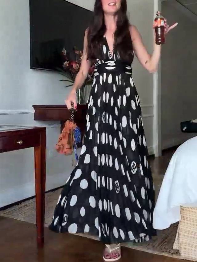 Deep V Dot Print Backless Dress