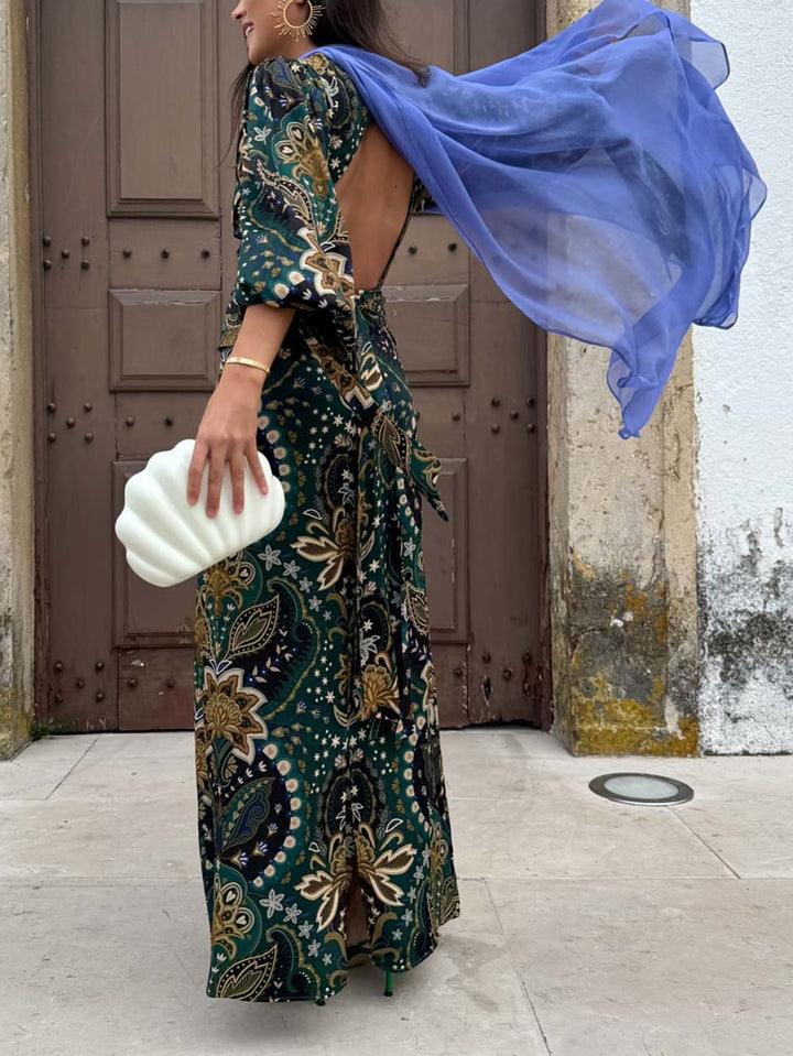 Exquisite Retro Paisley Print Belted Maxi Dress