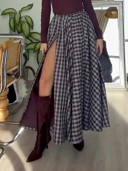 Elegant Plaid High-Slit Maxi Skirt
