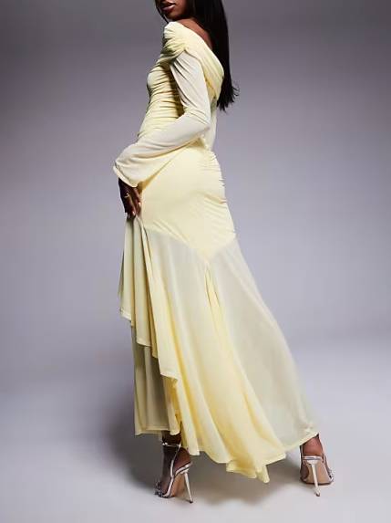 Off Shoulder Long Sleeve Irregular Hem Maxi Dress
