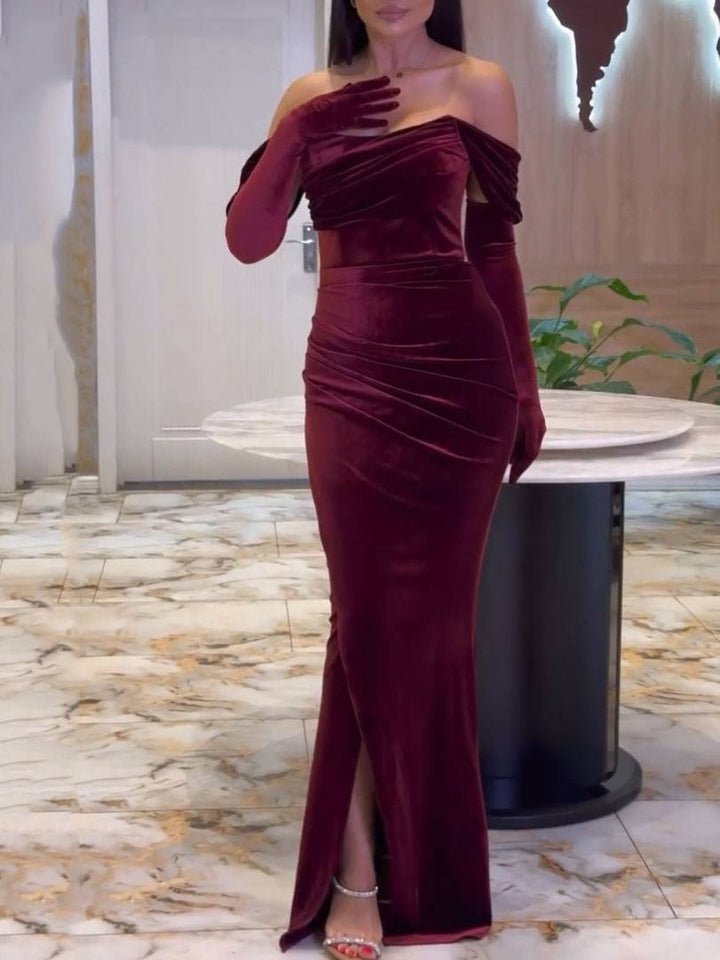 Velvet Off-Shoulder Pleated Slit Maxi Dress