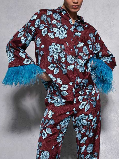 Retro Floral Print Satin Feather Wide-leg Pants