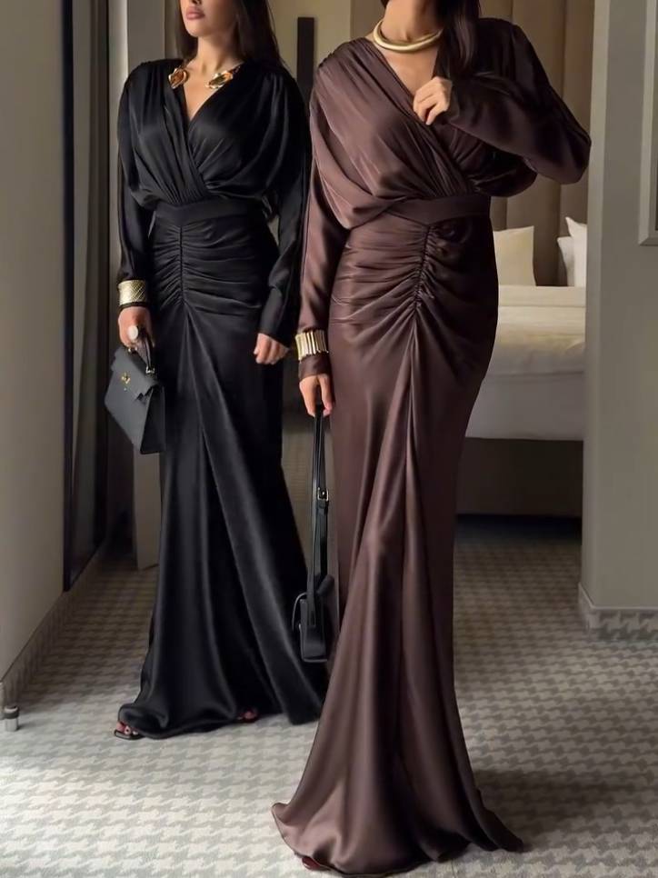 V-Neck Pleated Long Sleeve Maxi Dress
