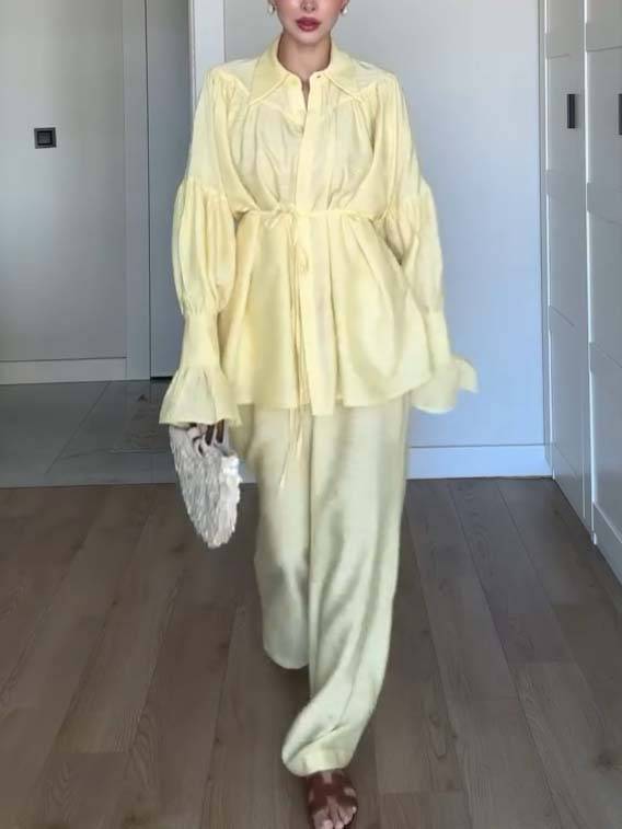 Loose Belt Shirt And Wide Leg Pants Suit-Shirt