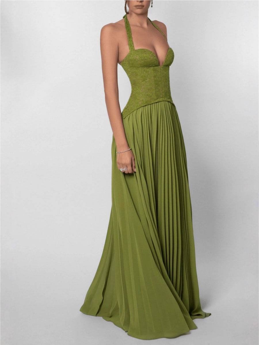 Lace Splicing Halter Neck Maxi Dress