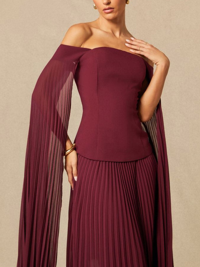 Elegant Off-shoulder Pleated Shawl Maxi Skirt Set