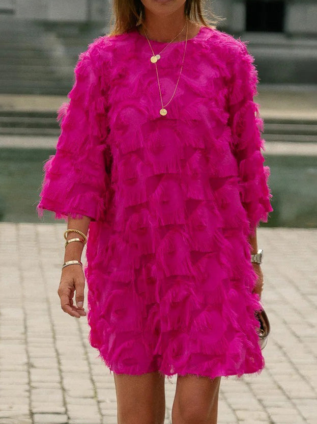 Elegant Fringed Mid-length Sleeve Mini Dress