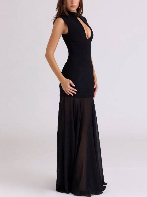 Hollow Design Tulle Splicing Maxi Dress