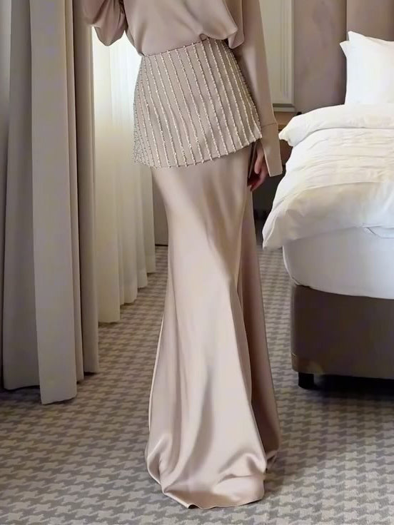 Elegant Layered Beaded Satin Maxi Skirt