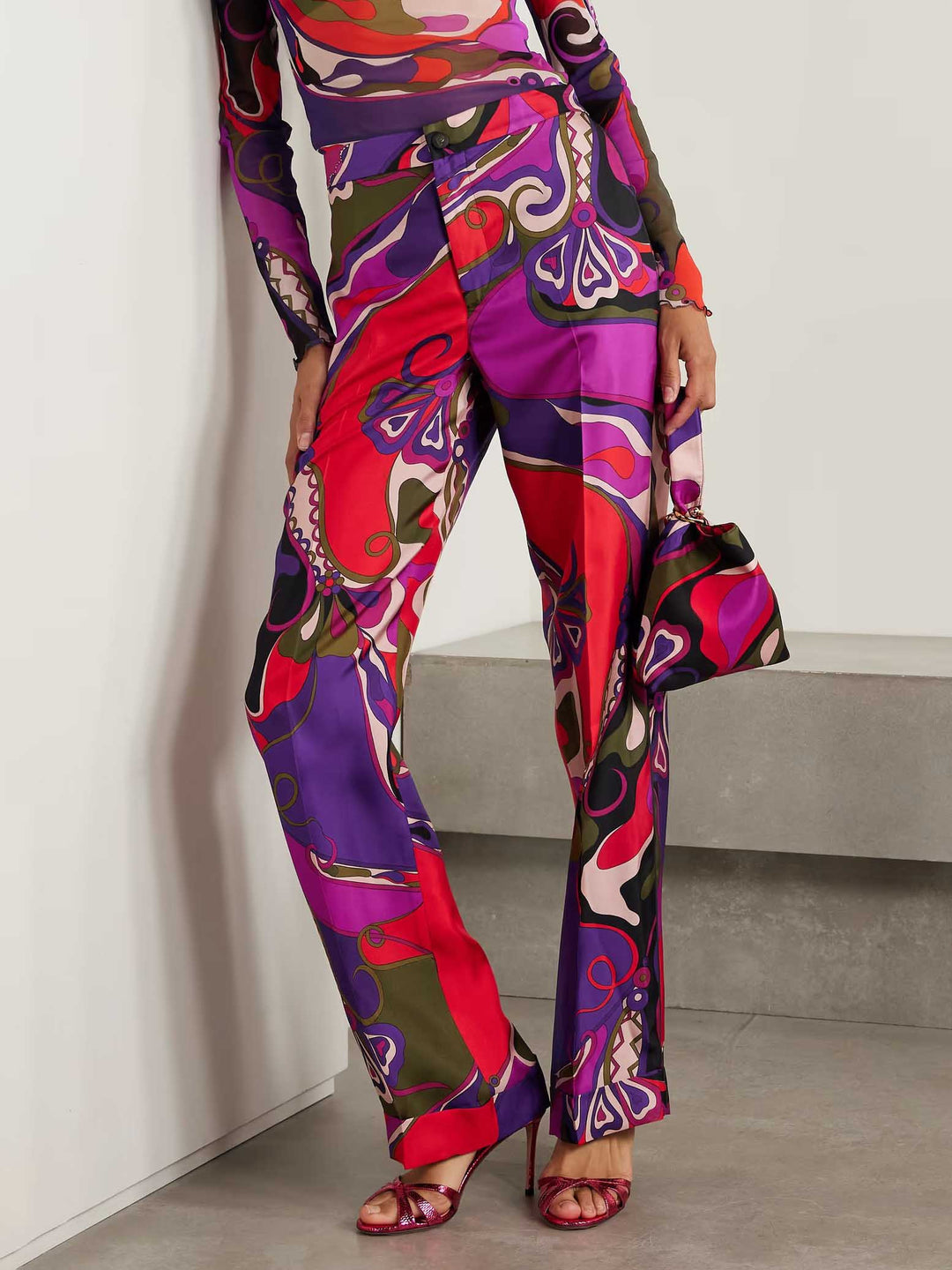 Unique Retro Abstract Print Satin Wide-Leg Pants