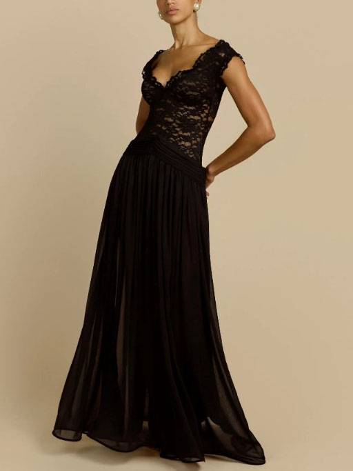 V-Neck Lace-Splicing Maxi Dress