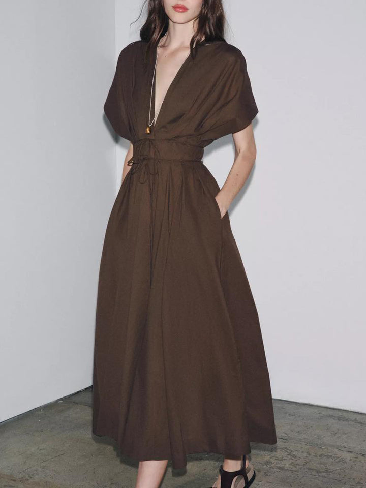Elegant V-neck Drawstring Pleated Midi Dress