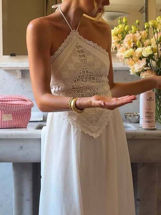 Halter Neck Backless Lace Top And Skirt Set-Skirt
