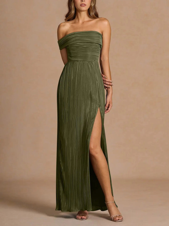 Elegant Off-The-Shoulder Pleated Slit Maxi Dress