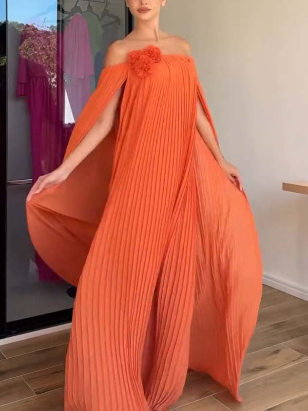 Flower Design Shawl Pleated Maxi Dress
