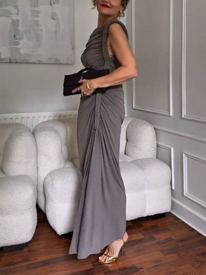 Off-shoulder Pleated Irregular Hem Maxi Dress