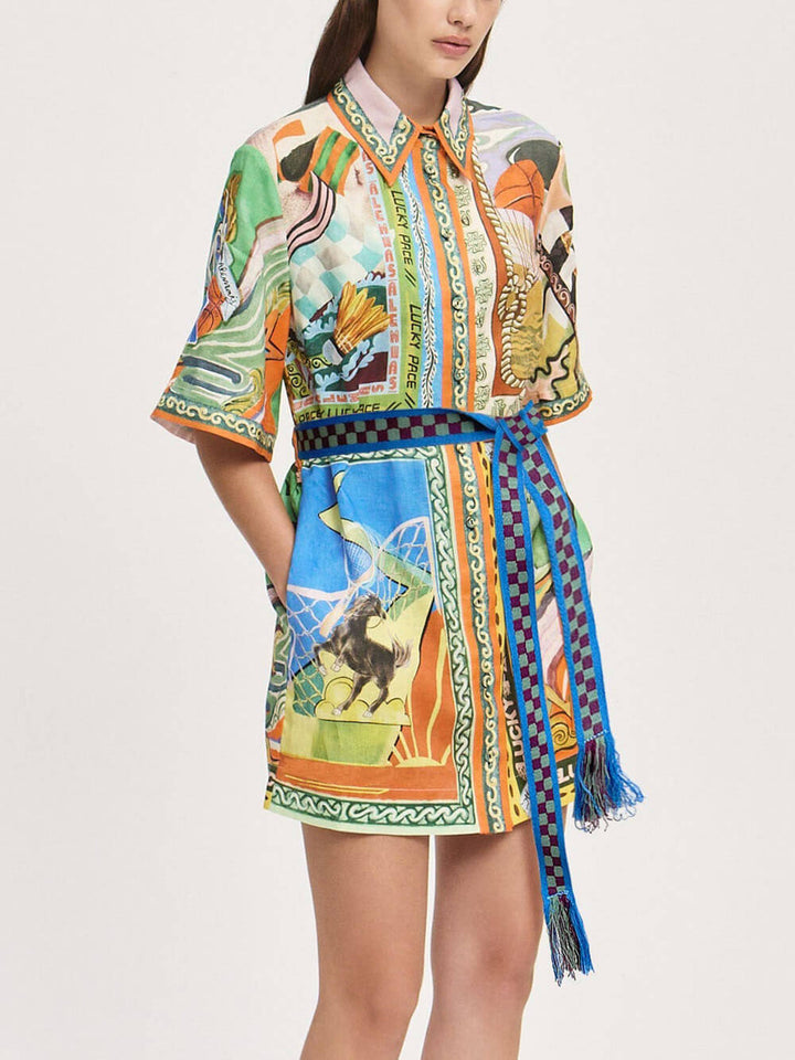 Unique Casual Graphic Print Waist Tie Mini Dress