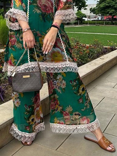 Elegant Floral Print Lace-Hem Wide-Leg Pants
