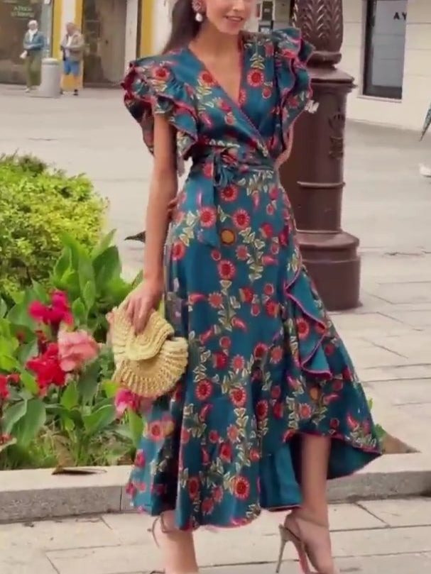 V-Neck Irregular Hem Printed  Dress