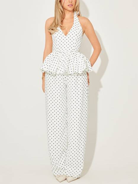 Vintage Polka Dot Halterneck Lace-up Top And Wide Leg Pants Suit-Top