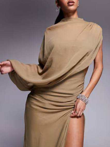 Asymmetrical Design Pleated Front Slit Maxi Dress