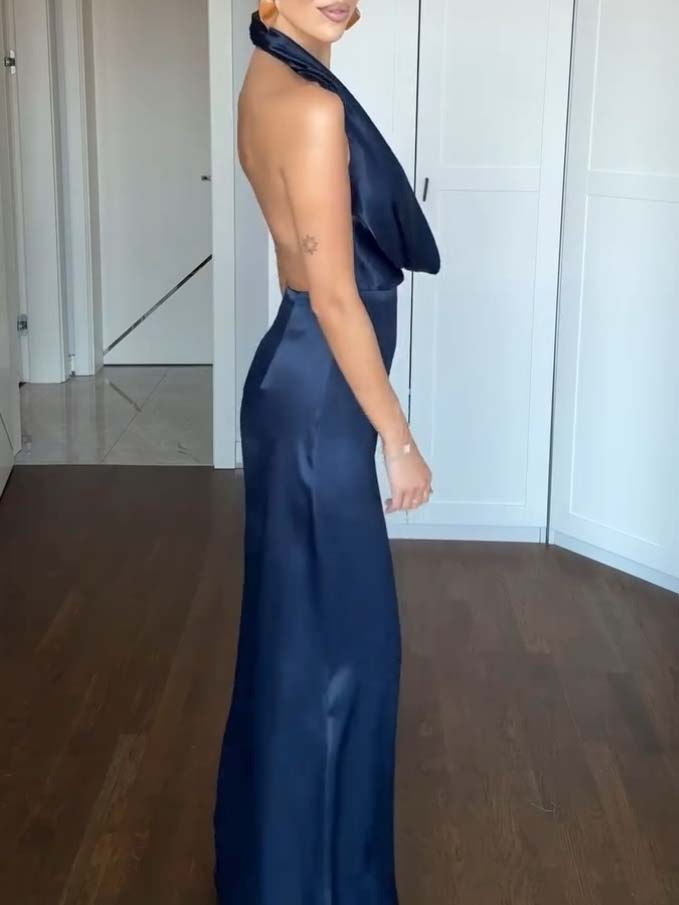 Elegant Halter Deep V Neck Swing Collar Backless Maxi Dress