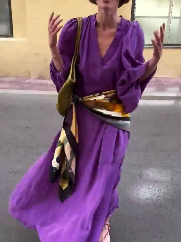 V-Neck Bubble Sleeve Slit Dress