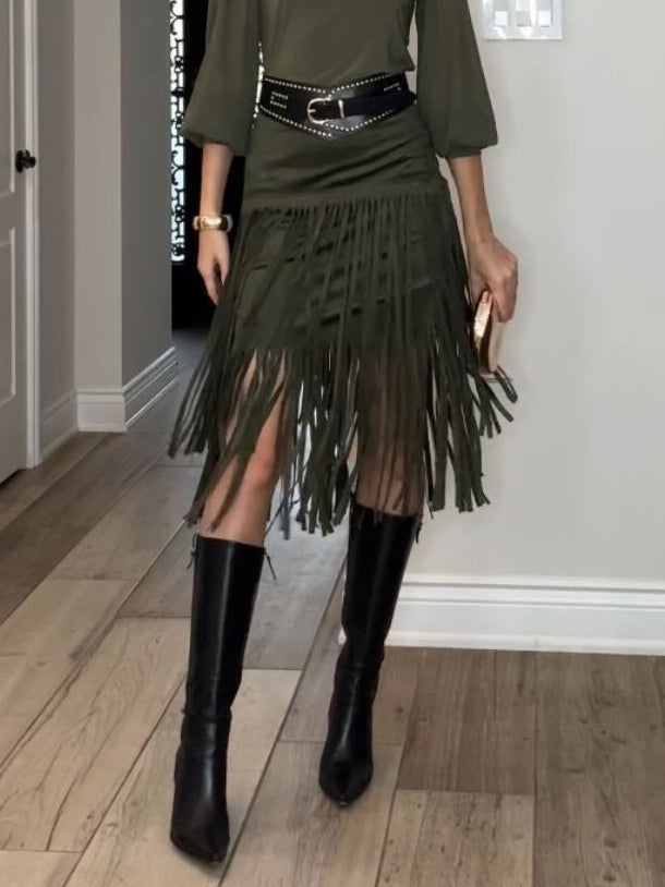 Elegant High-waisted Tassel Skirt Two-piece Set