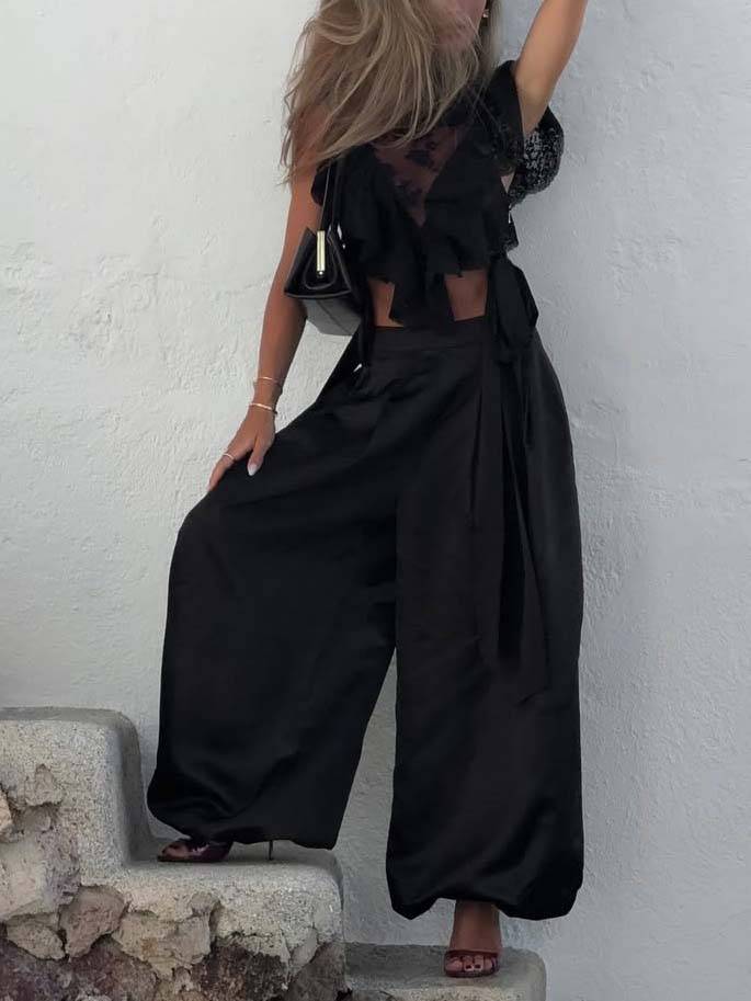 Lace Top And Wide Leg Pants Suit-Pants