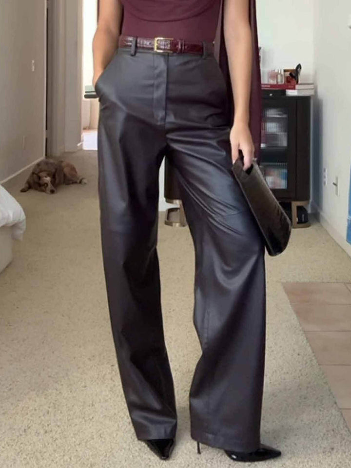 Elegant Draped Top And Wide-leg Faux Leather Pants Two-piece Set