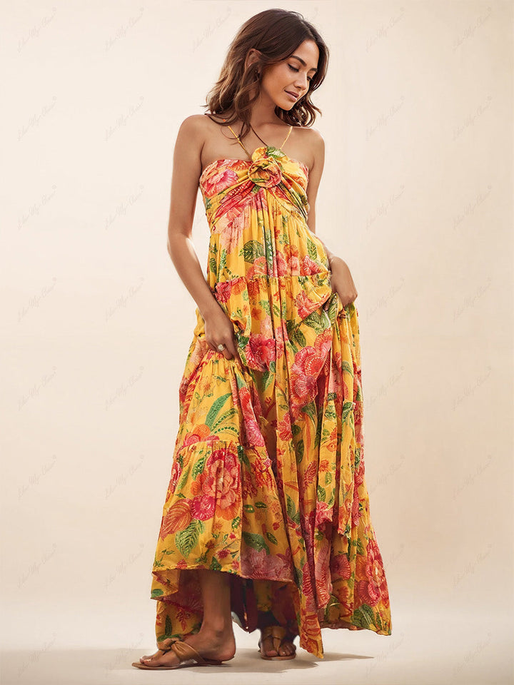 Pendurado no pescoço estampado floral Design vestido maxi reto sem costas