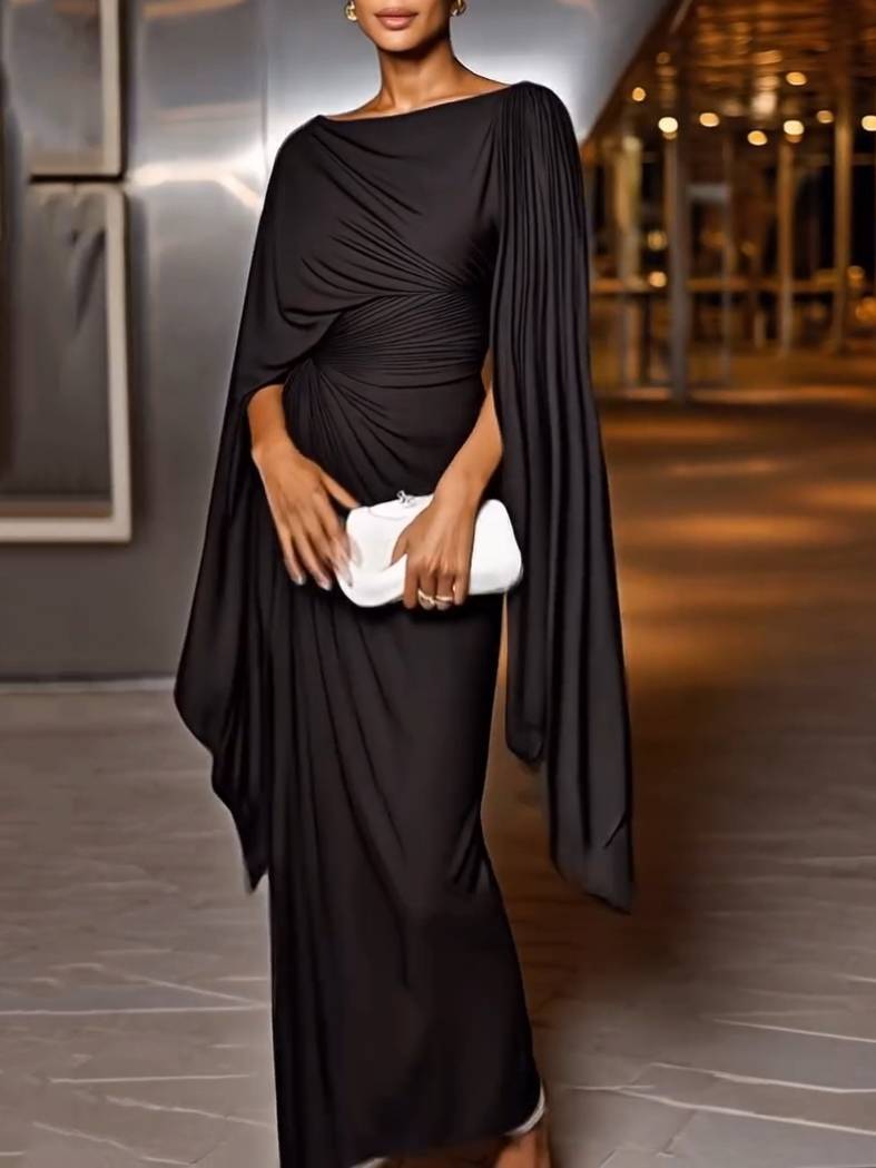 Boat Neck Pleated Slim Fit Maxi Dress
