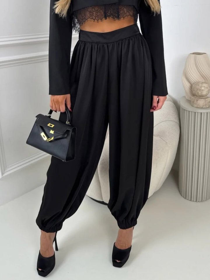 Elegant Cropped Blazer And Draped Harem Pants Two-Piece Set