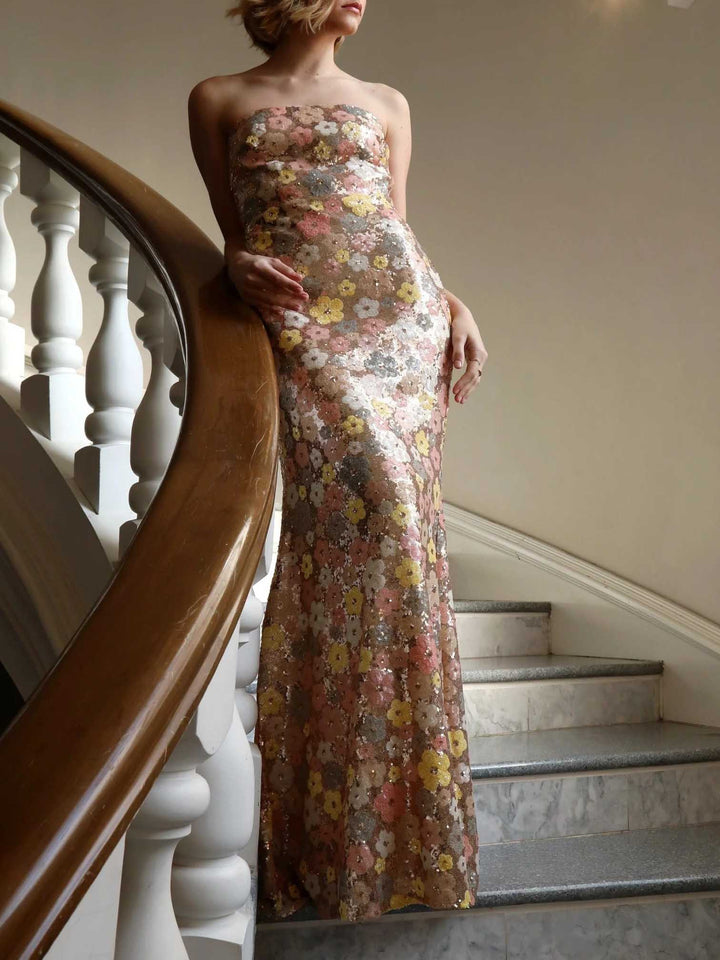 Elegant Sequined Colorful Floral Gown Maxi Dress