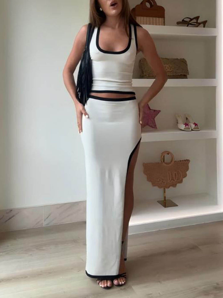 Modern Classic Contrast Trim Tank Top Slit Skirt Set