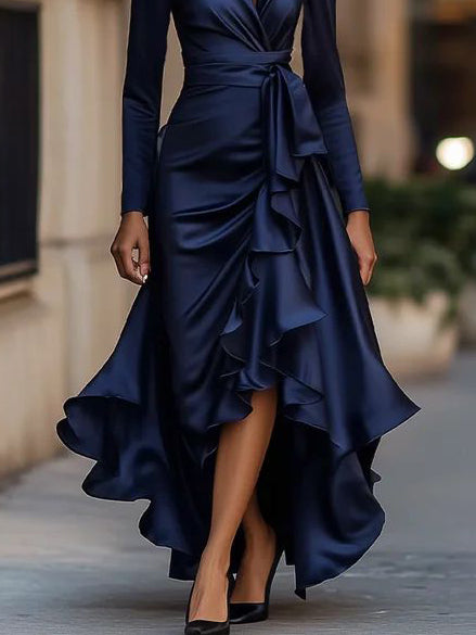 Elegant Satin Ruffle Wrap-style Maxi Dress