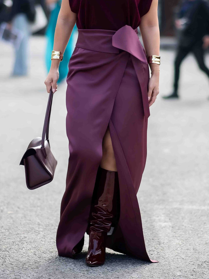 Elegant Satin Bow Slit Maxi Skirt