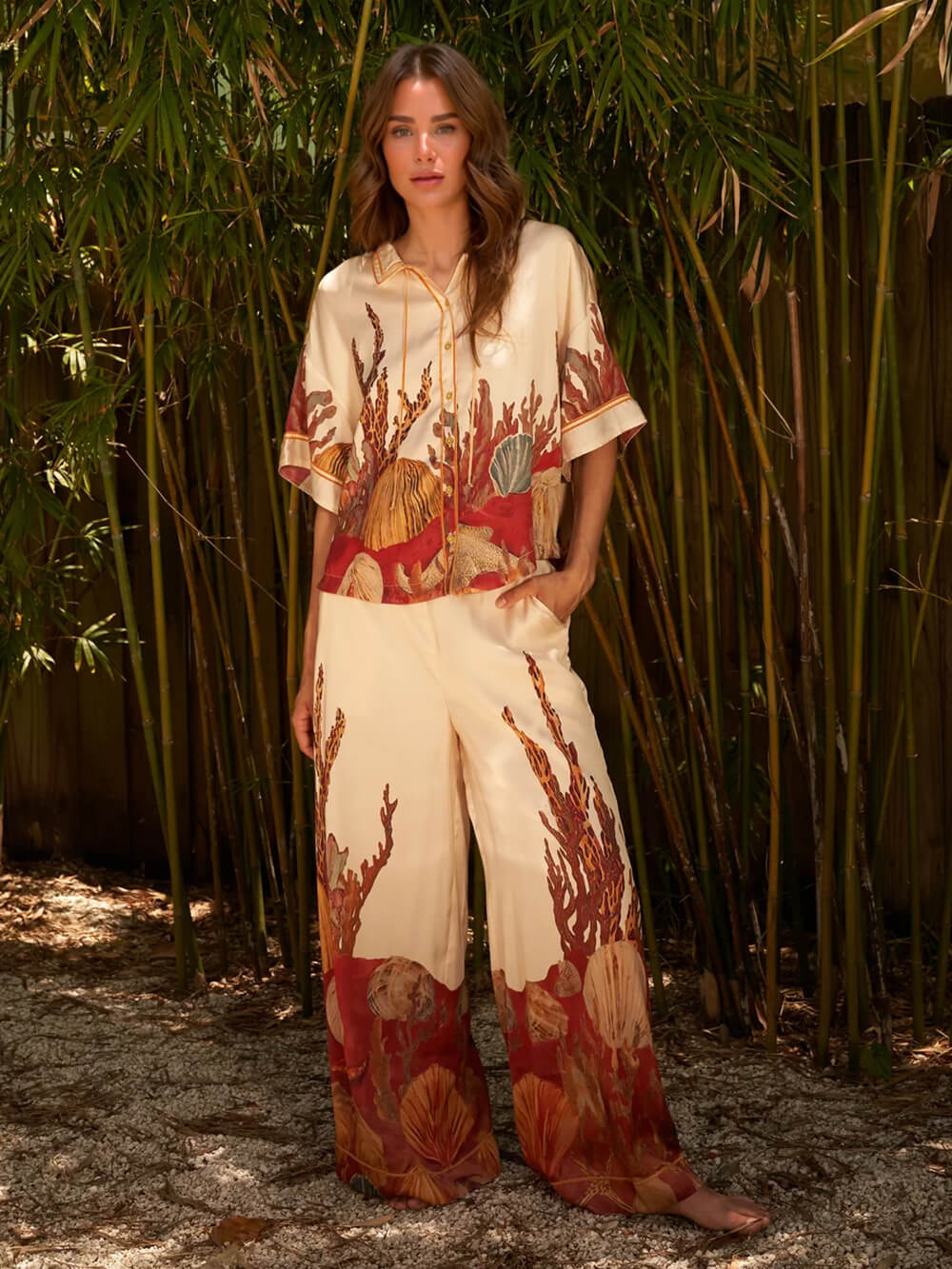 Exquisite Printed Collared Three-Quarter Sleeve Kimono Top