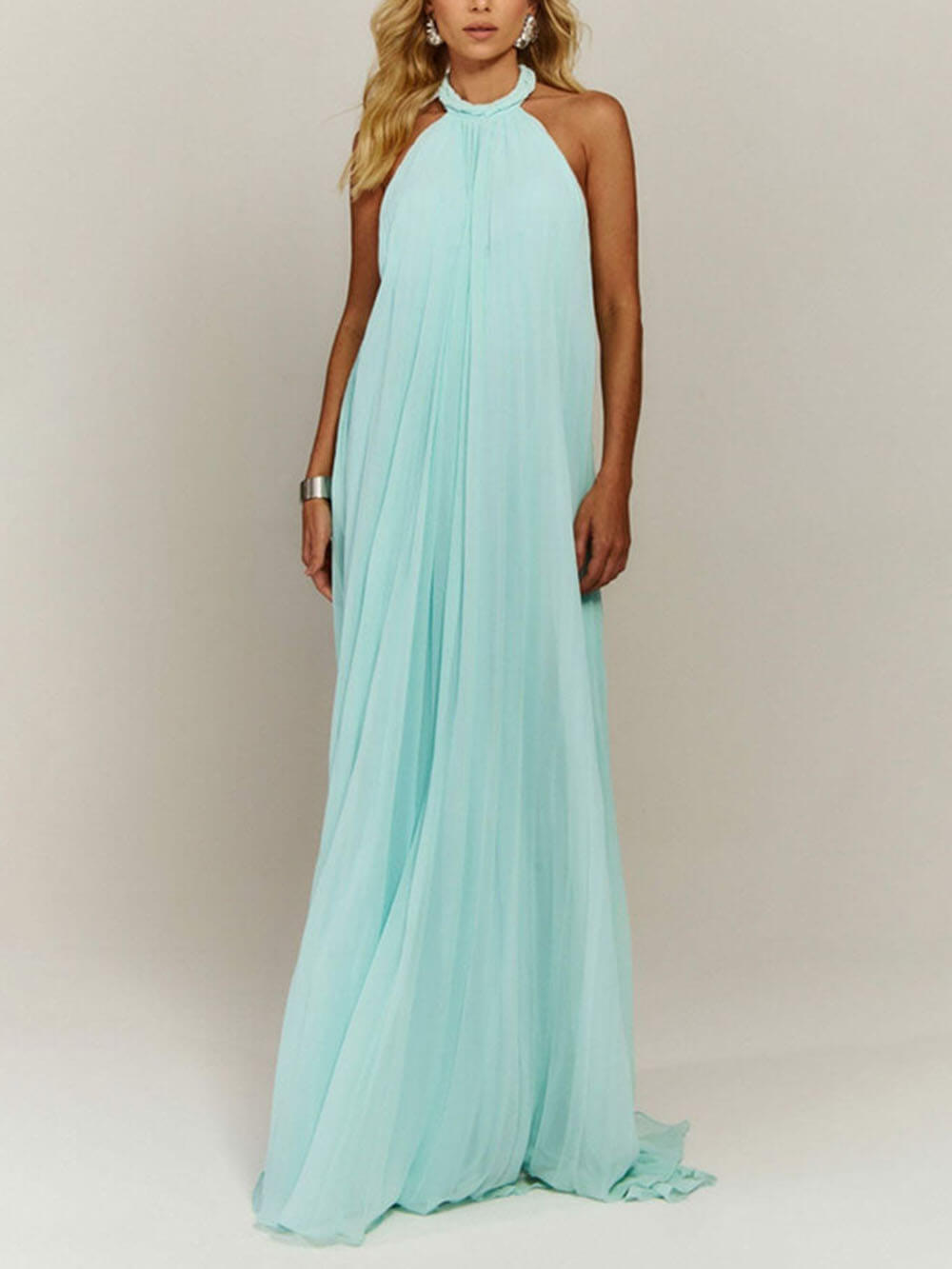 Elegant Chiffon Pleated Braided Halter Neck Backless A-line Maxi Dress