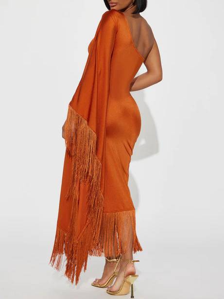 Off-shoulder One-sleeve Tassel Midi Dress