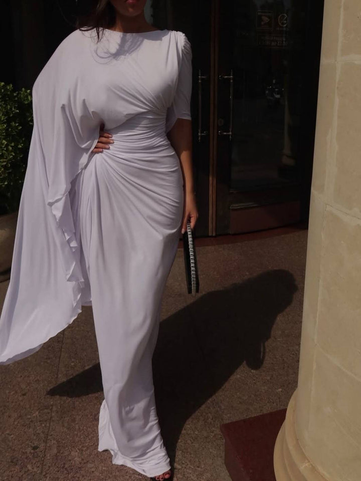 Boat Neck Pleated Slim Fit Maxi Dress