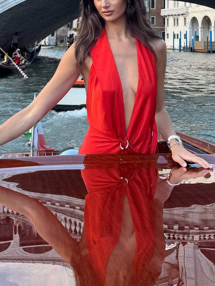 Sexy Deep V-Neck Side Slit Backless Maxi Dress