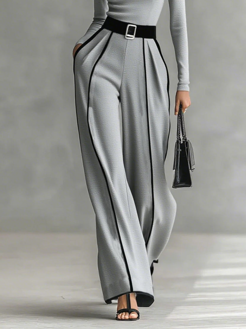 Elegant Contrast Trim High Waist Wide Leg Pants