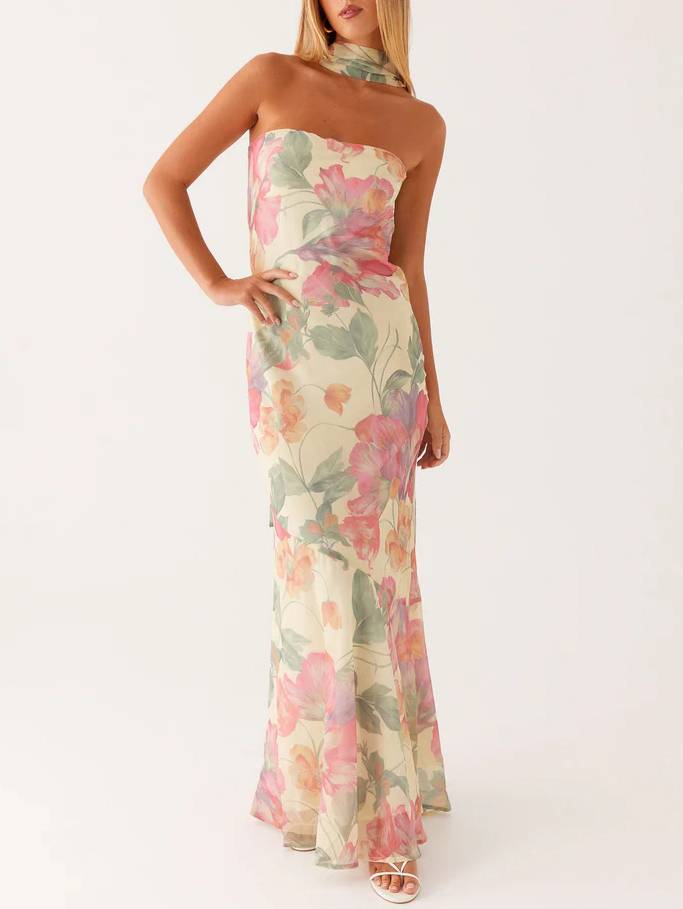 Tube Top Printed Ribbon Dress