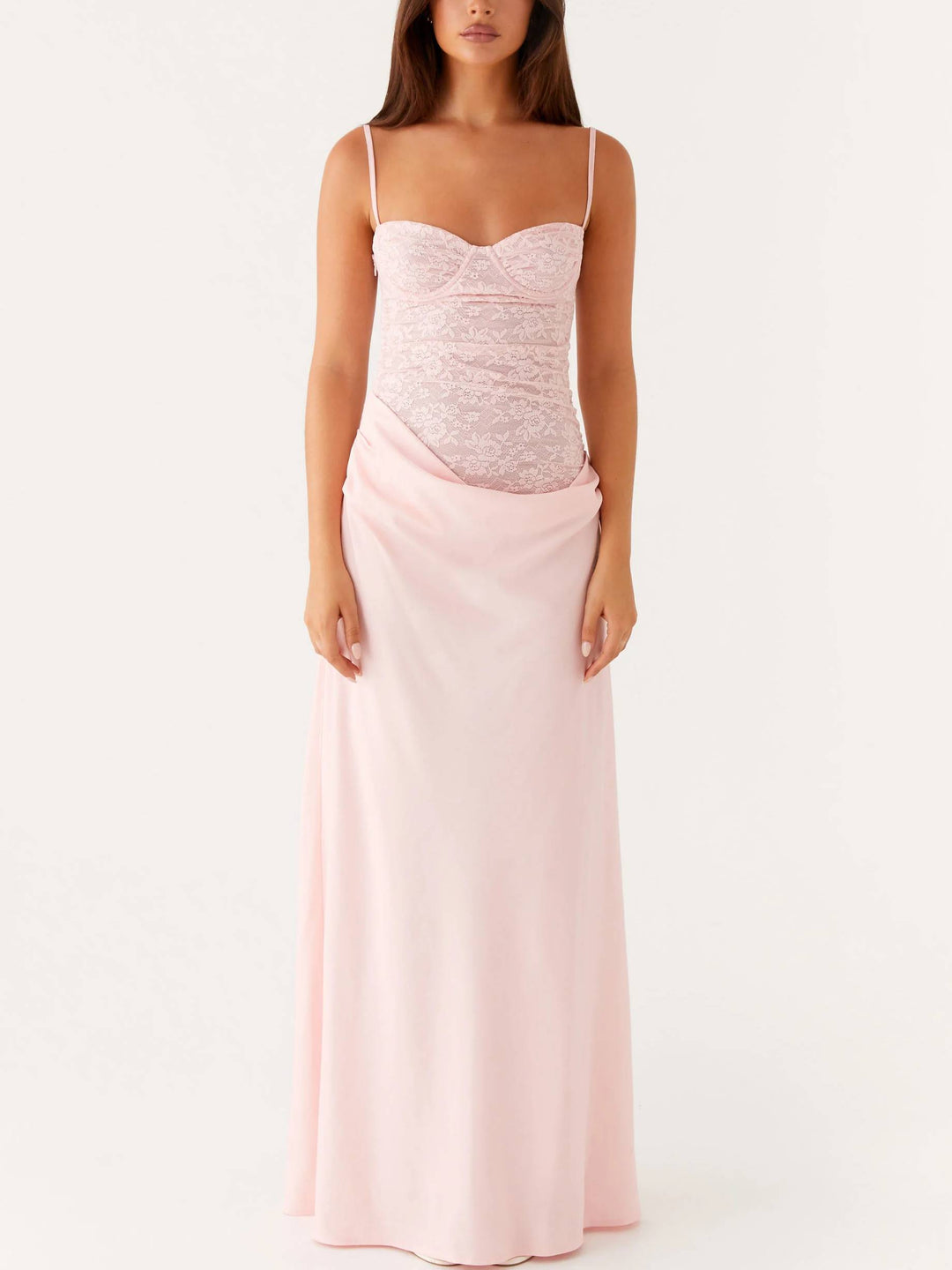 Slim-Fit Lace Splicing Pleated Skirt Maxi Sling Dress