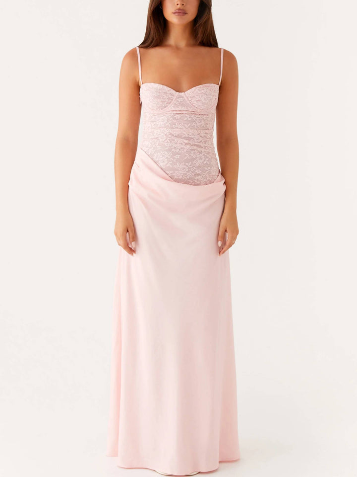 Slim-Fit Lace Splicing Pleated Skirt Maxi Sling Dress