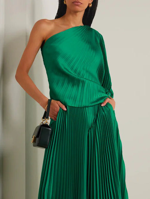 Elegant One-Shoulder Asymmetrical Pleated Satin Top