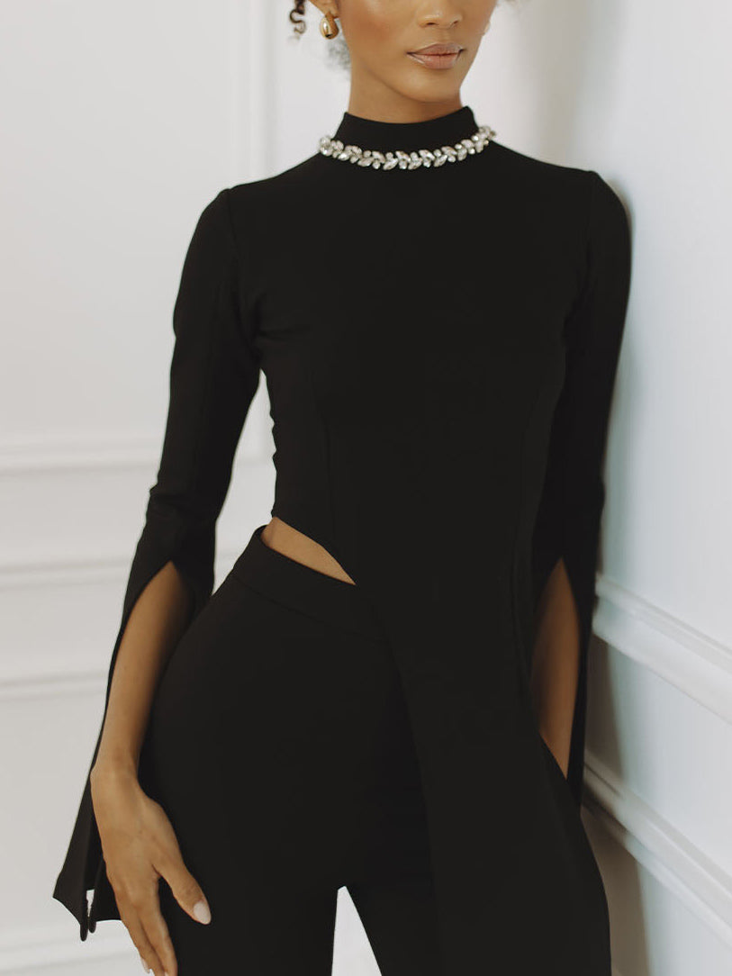 Elegant Rhinestone Color-blocked Irregular Two-piece Set