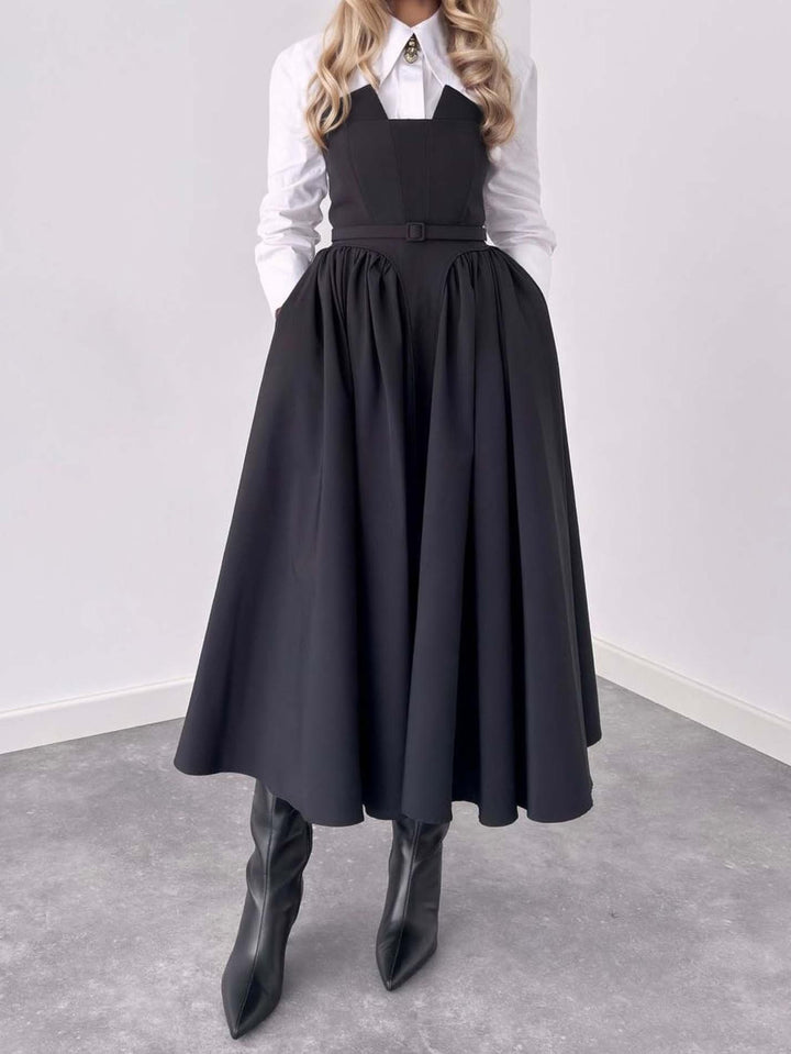 Classic Shirt & Pinafore Midi Skirt Set