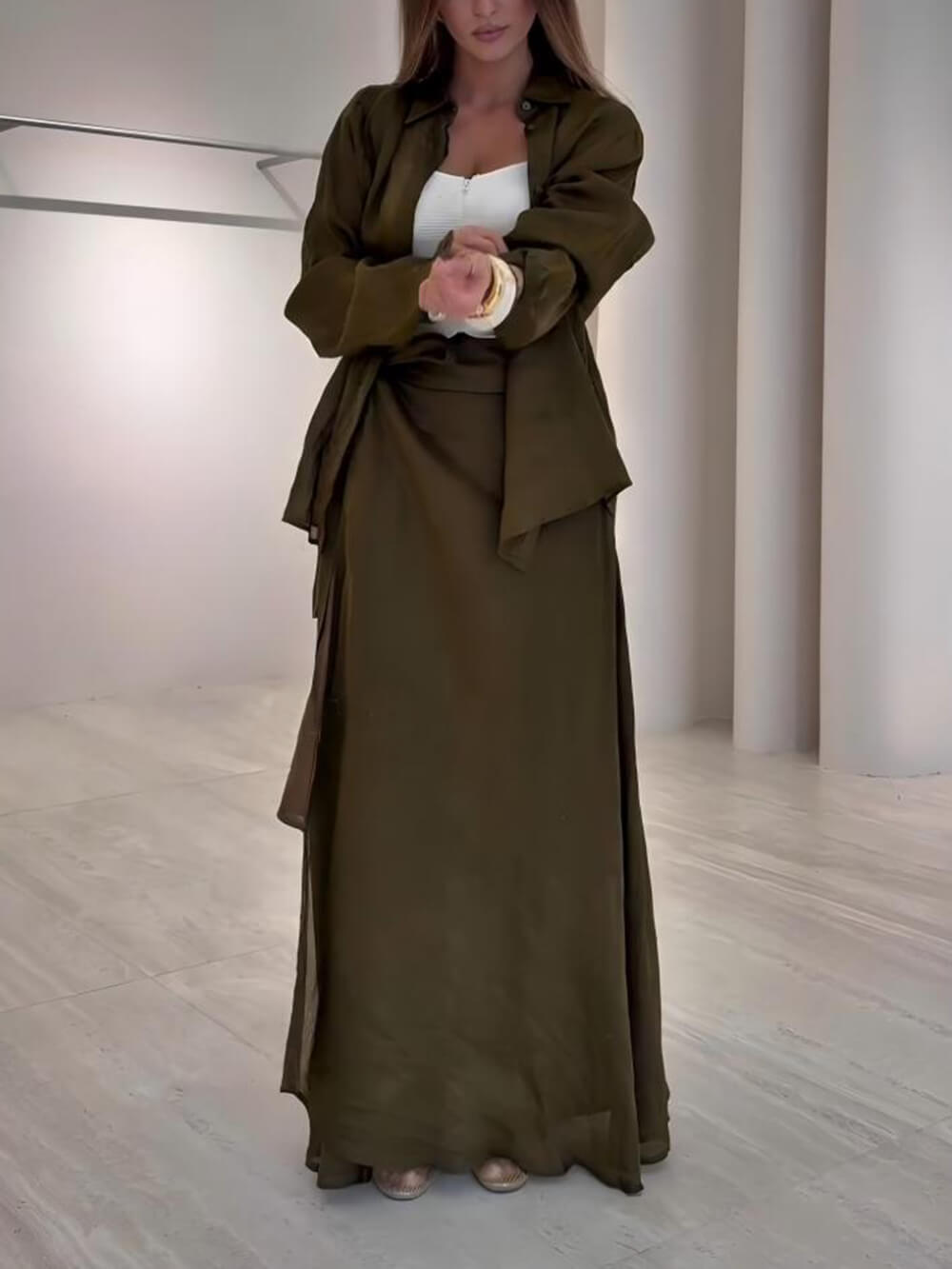 Casual Retro-Tone Tie-Waist High-Slit Maxi Skirt